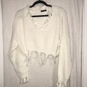 White Fringed Crop Top Sweater